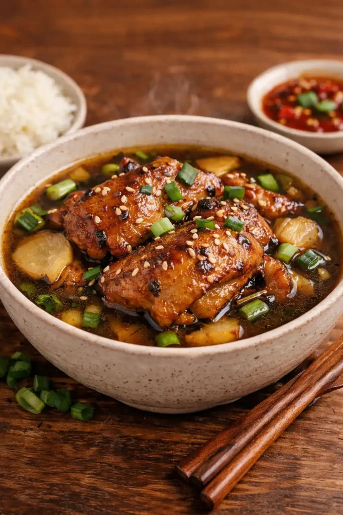 caramelised soy chicken in garlic ginger broth