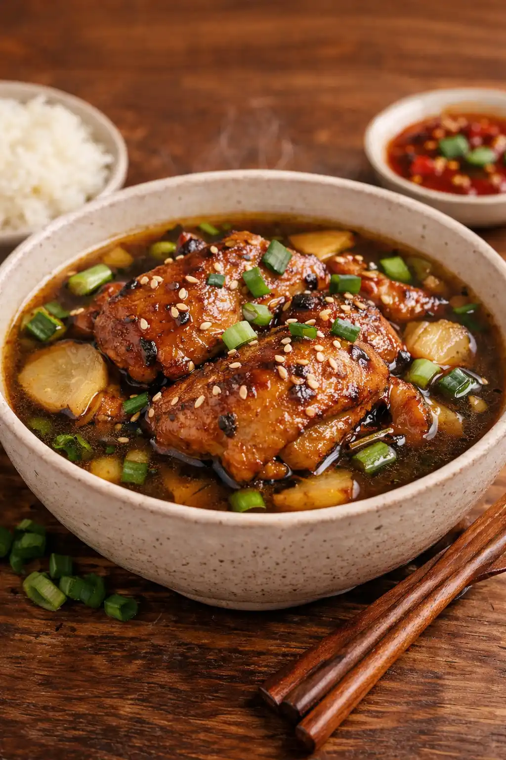 caramelised soy chicken in garlic ginger broth