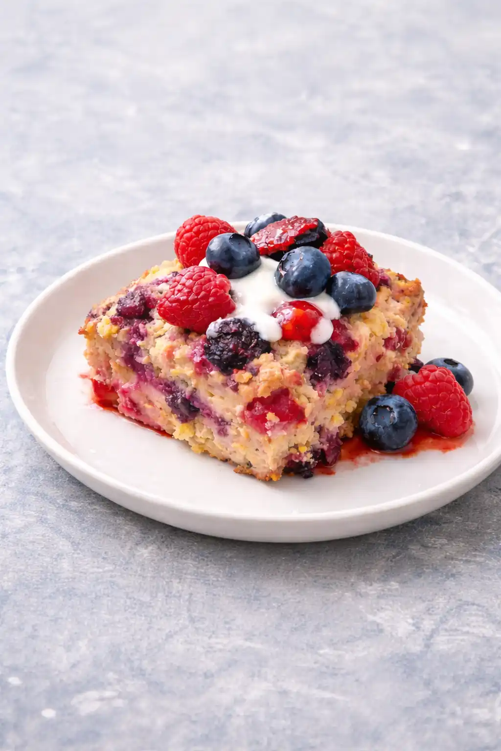 high protein triple berry bake
